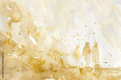 gold watercolor journey of faith, three silhouettes are walking along the road