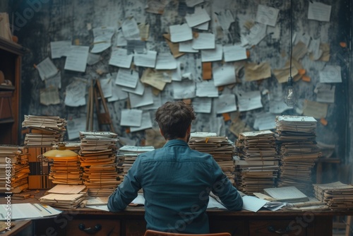 Busy businessman working at cluttered desk with papers piled high against wall backdrop photo