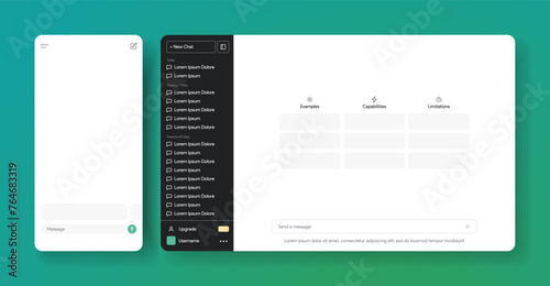 ChatGPT mobile and web interface. Open AI assistant chat. Artificial inteligence application mock-up. Text generator software. Machine learning tool. Vector illustration