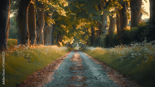 A country road, with towering trees lining the path as the background, during a lazy summer evening © CanvasPixelDreams