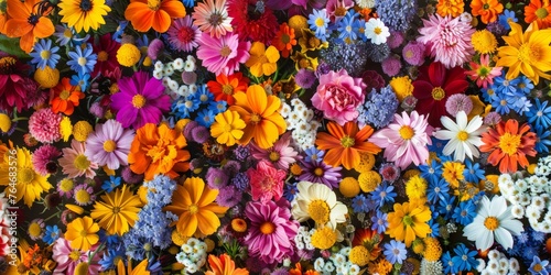 Beautiful colorful wildflowers as background, top view © Julia Ahanova