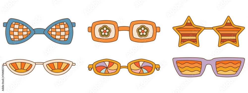 Retro Groovy sunglasses collection with different patterns. 1970's Vibe set