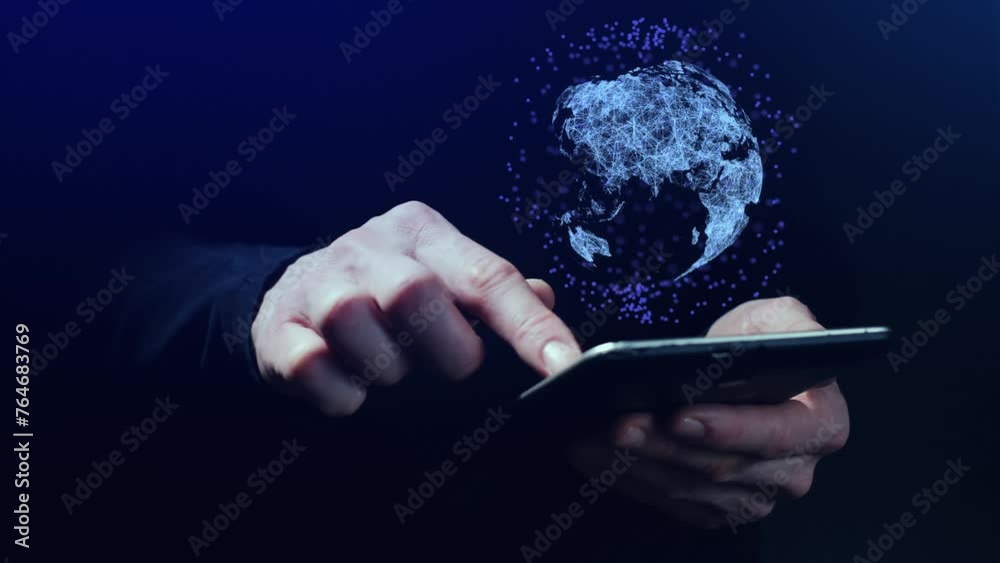 Hologram of planet over tablet in hands. Technologies and data worldwide concept. Globe spinning on dark blue background. Person searching in Internet Hologram of planet over tablet in hands. Technologies and data worldwide concept. Globe spinning on dark blue background. Person searching in Internet