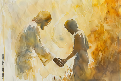 Jesus reaching out his hand to man and forgive and bless him In the sunrise rays, watercolor painting in warm gold colors