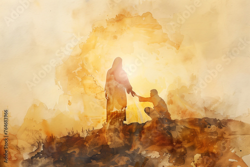 Jesus reaching out his hand to man and forgive and bless him In the sunrise rays, watercolor painting in warm gold colors