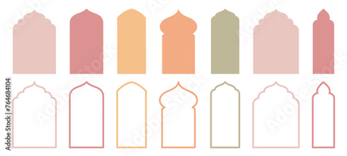 Assortment of Islam's traditional window or door designs. Collection of Mosque Muslim frames in both silhouette and outline.