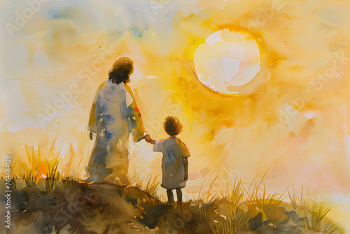 Jesus Holding a child's hand,hHe takes it with him, forgive and bless him In the sunrise rays, watercolor painting in warm gold colors