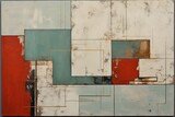 Mint and red painting, in the style of orange and beige, luxurious geometry, puzzle-like pieces