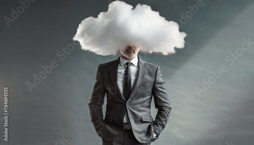 Businessman standing in office hallway wearing a suit with tie and a big depressed cloud on his head. Depression, mental health, abuse, addiction, abandoned concept. ai generated. 