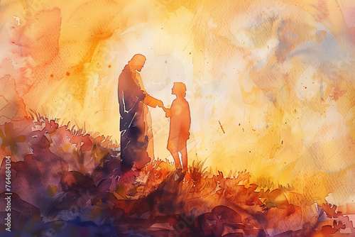 Jesus christ extending a helping hand in watercolor Illustration