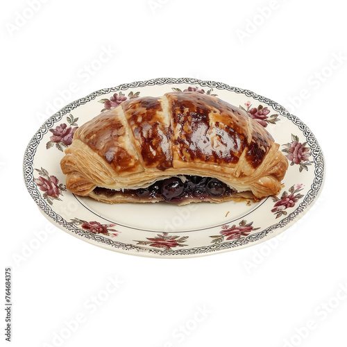 front view of Eccles Pudding with a spiced currant filling wrapped in flaky pastry, served on a vintage British dessert plate, isolated on a white transparent background photo