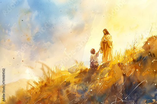Jesus christ extending a helping hand in watercolor Illustration