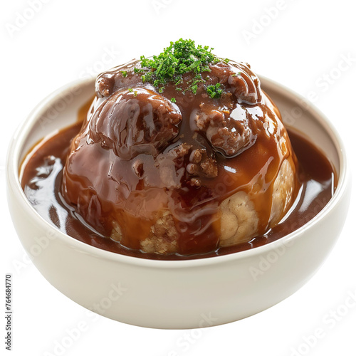 front view of Kidney Pudding with lamb kidneys in a rich gravy encased in a steamed suet pudding, served in a classic British pudding bowl, isolated on a white transparent background