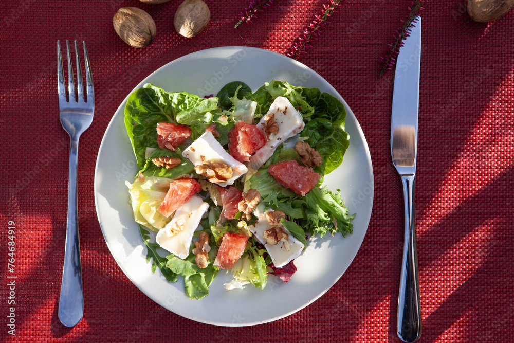 Salad plate with fork and knife on a red tablecloth. Natural light Salad plate with fork and knife on a red tablecloth. Natural light