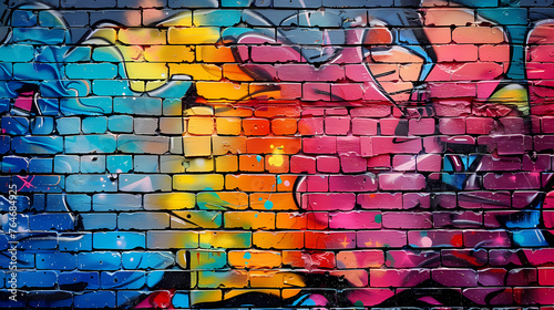 Urban brick wall covered with graffiti  showcasing vibrant street art and textures