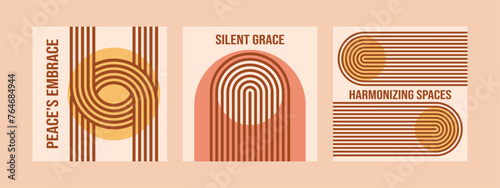 Minimalist geometric zen arches square post social media collection with text - Peace, Silent Grace, Harmonizing. Abstract boho shapes in a retro aesthetic. Vector concept design.