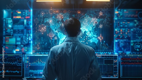 A scientist surrounded by screens displaying complex data analyses - intense, futuristic