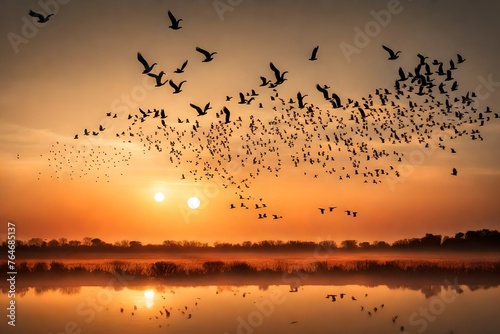 Silhouettes flock of Seagulls over the Sea during amazing sunset © MISHAL