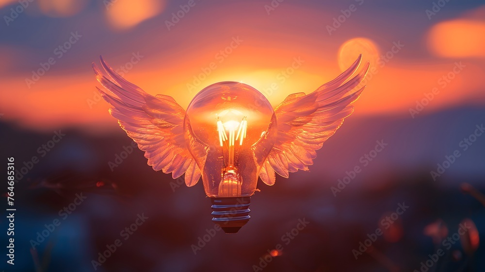 A whimsical light bulb with wings takes flight against the stunning backdrop of a vibrant sunset sky. - obrazy, fototapety, plakaty 