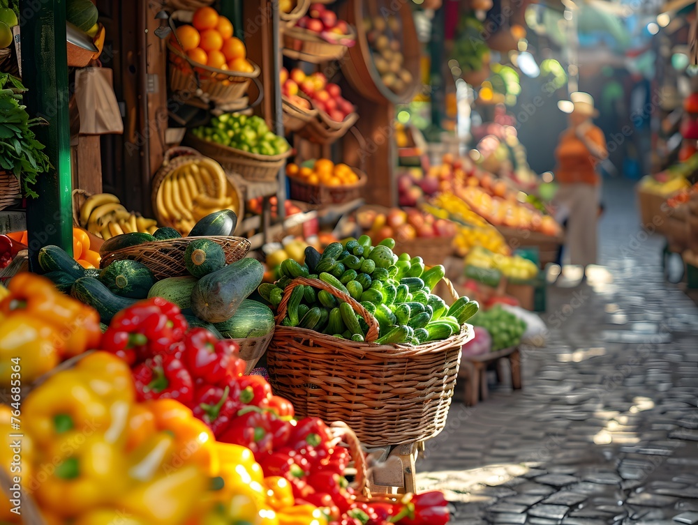 A colorful array of fresh vegetables displayed at a lively outdoor market, inviting with its variety and freshness under the sunlight.