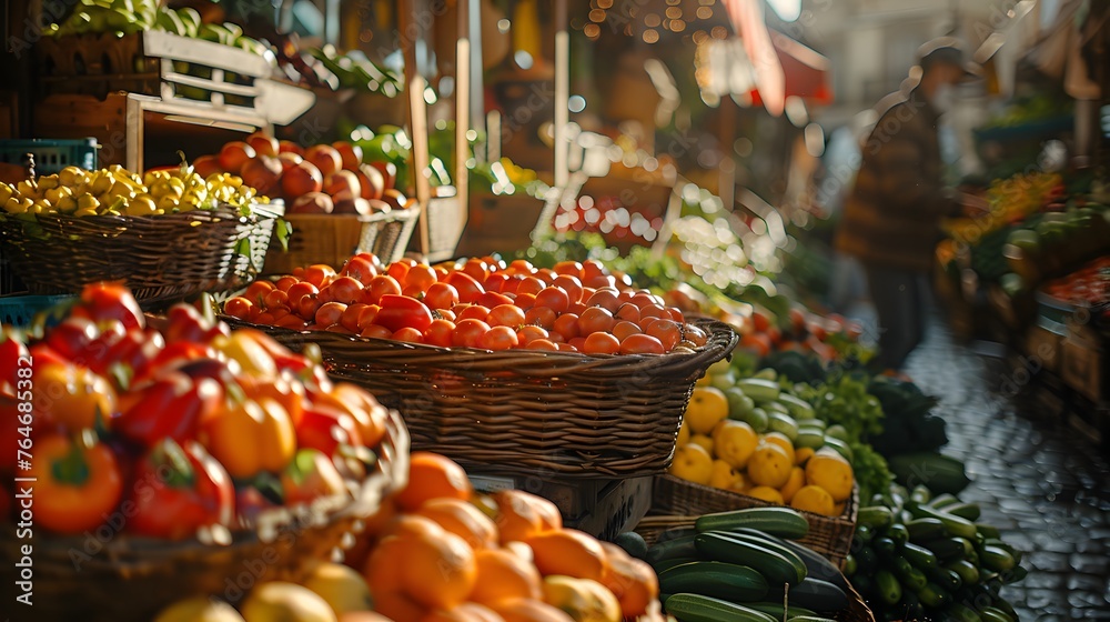 Inviting with its variety and freshness, a colorful array of fresh vegetables is displayed at a lively outdoor market under the sunlight.