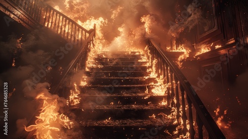 A staircase surrounded by flames and smoke
