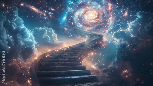 A staircase surrounded by swirling galaxies
