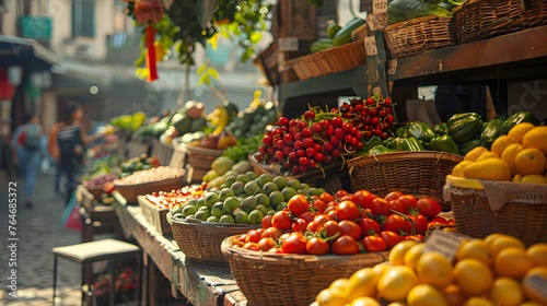 Displayed under the sunlight at a lively outdoor market, a colorful array of fresh vegetables invites with its variety and freshness.