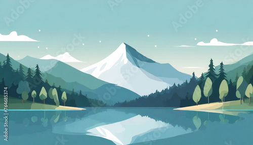 Mystic art nature watercolor landscape painting with forest, snow, mountains, trees, mist and summer paradise. ai generated.	
