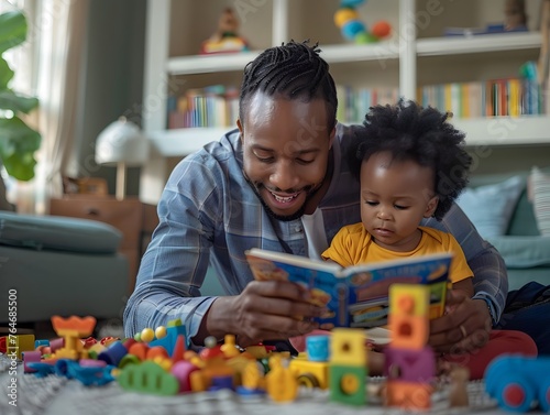 In a cozy home environment, a heartwarming moment unfolds as a father reads to his baby, fostering a love for books.