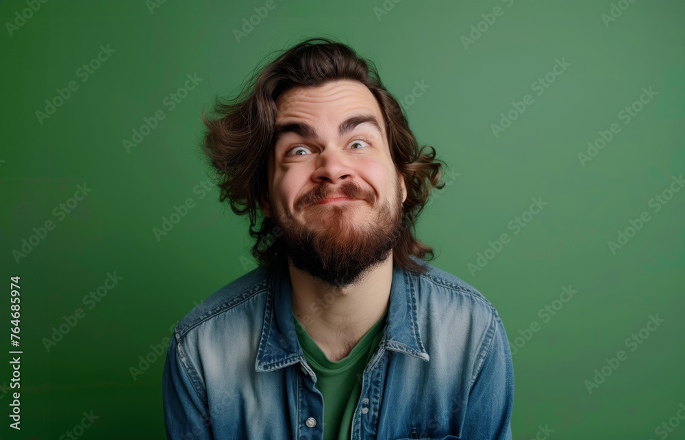 A man makes funny, sad, horrible grimaces, makes a face on a coloured background A man makes funny, sad, horrible grimaces, makes a face on a coloured background