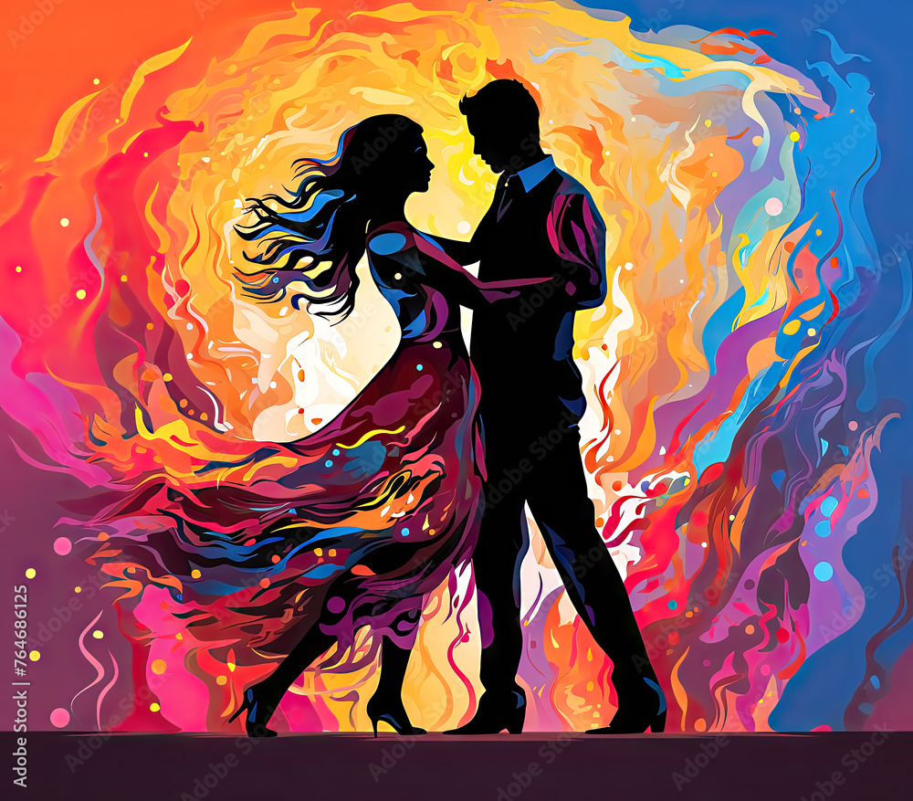 Colorful Dancing Romantic Couple on a Date Illustration Background