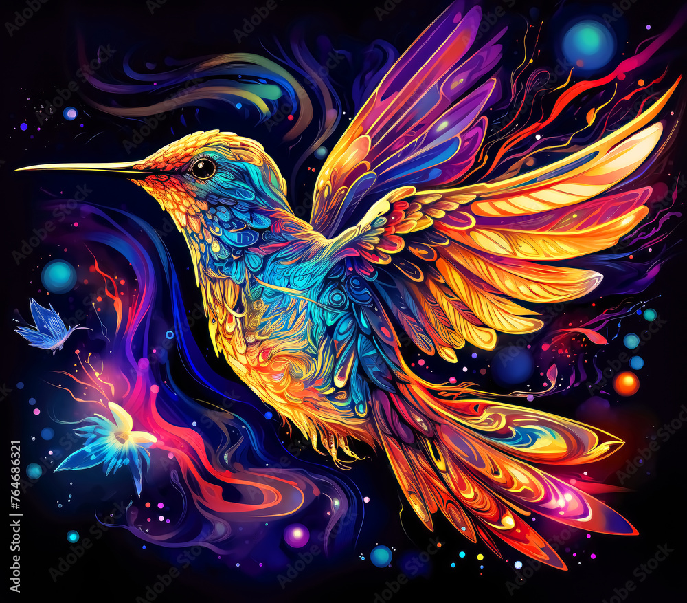 Abstract Neon Hummingbird Illustration Art Background