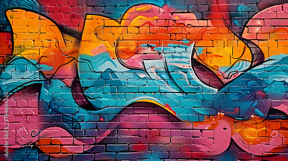 Urban brick wall covered with graffiti, showcasing vibrant street art and textures Urban brick wall covered with graffiti, showcasing vibrant street art and textures
