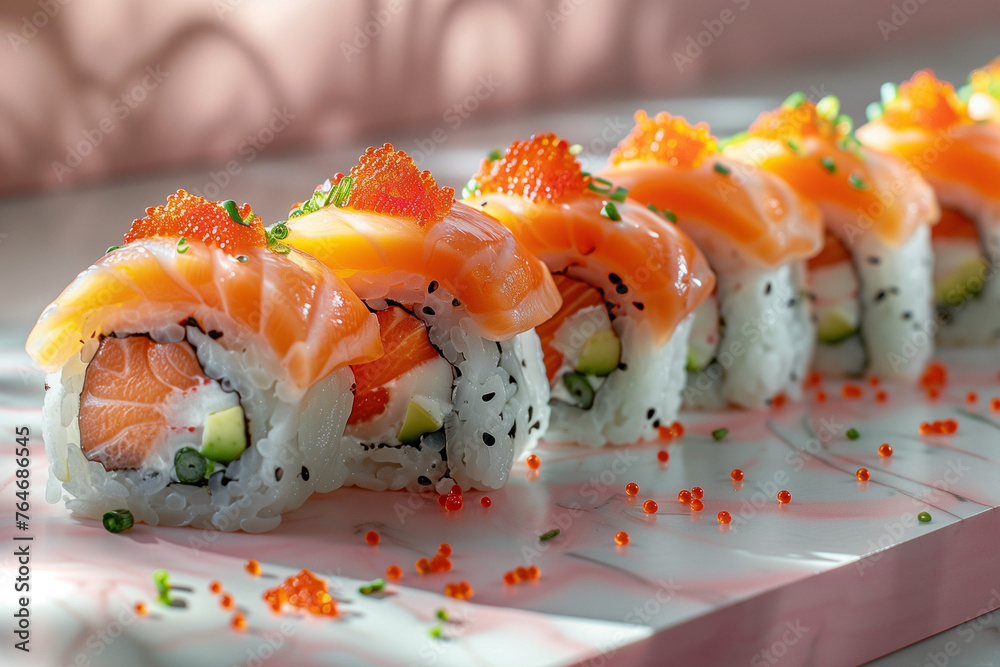 Fresh classic Philadelphia roll with caviar on top on pink background Fresh classic Philadelphia roll with caviar on top on pink background