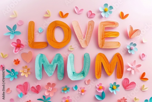 Love mum lay out phrase made of cut paper in pastel colors with flowers and hearts around the text photo