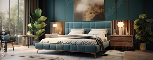 modern bedroom with a wood bed and gray walls, in the style of dark azure and beige photo
