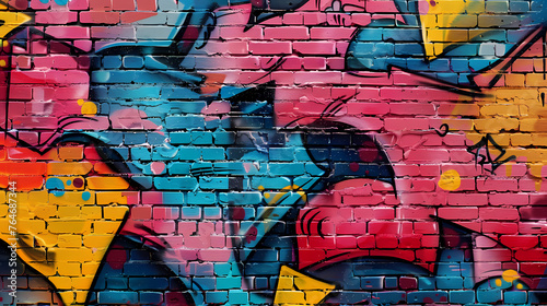 Urban brick wall covered with graffiti, showcasing vibrant street art and textures