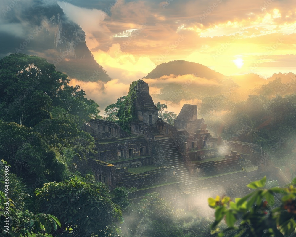 Fototapeta premium Ancient Mayan Ruins in Misty Jungle Sunrise 