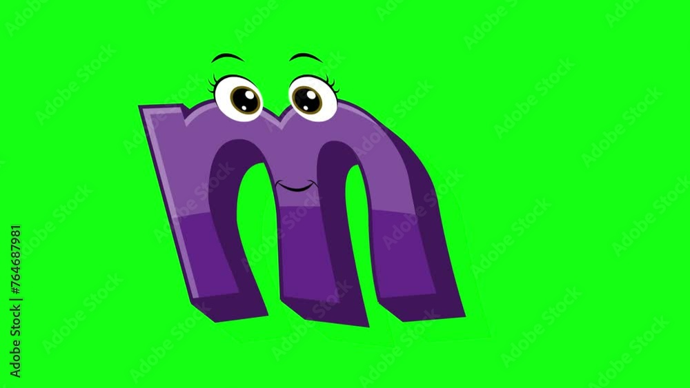 Cartoon style letter m 2d animation with green screen background, m alphabet dancing letters for little kids