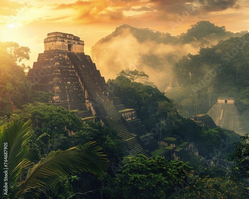 Majestic Mayan Temple at Dawn in Jungle
 photo