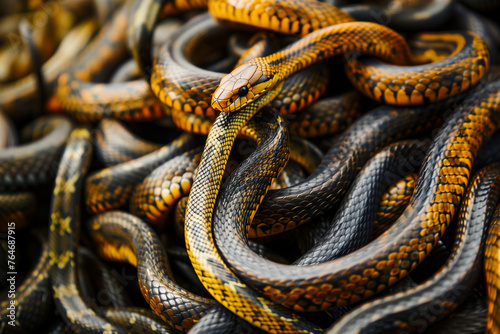 Pile of a lot of grey, orange and black snakes