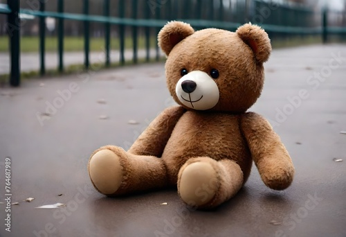 Lost teddy bear toy lying don on playground floor in gloomy day,Lonely and sad brown bear doll lied down alone in the park,lost toy or Loneliness concept,International missing Children day 