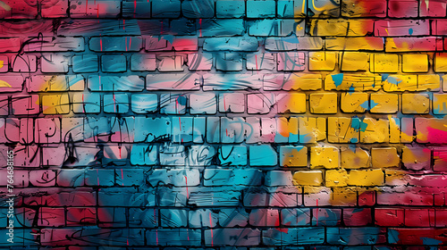 Urban brick wall covered with graffiti  showcasing vibrant street art and textures