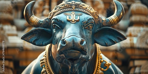 Symbolic image of Nandi sacred bull of Hindu god Shiva standing strong. Concept Hindu deities, Shiva, Nandi, sacred animal, symbolism photo