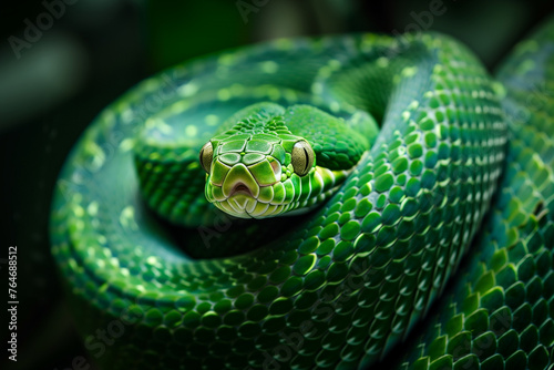 green snake curled on a wooden branch of a tree