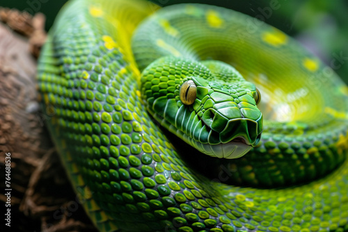 green snake curled on a wooden branch of a tree