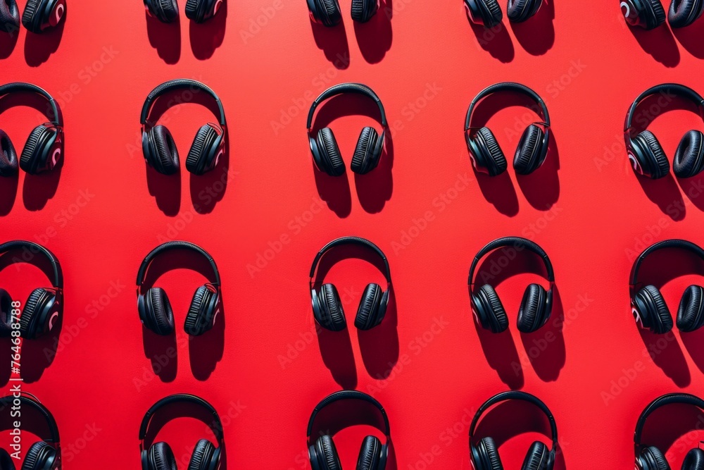 Row of black headphones casting shadows on red background wall Audio technology concept with modern design Row of black headphones casting shadows on red background wall Audio technology concept with modern design