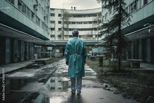 Photo of a doctor in the clinic. Tired and sad doctor, tragic atmosphere. Generative AI tools