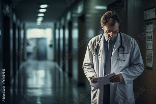 Photo of a doctor in the clinic. Tired and sad doctor, tragic atmosphere. Generative AI tools